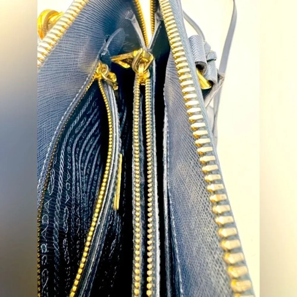 Auth Prada Small Baltic Blue Saffiano Lux Leather 2way Top Handle Promenade Bag